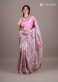 Beige Floral Printed And EmbroideRed Organza Saree - Taashi