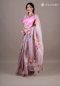 Beige Floral Printed And EmbroideRed Organza Saree - Taashi