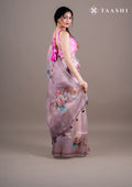 Beige Floral Printed And EmbroideRed Organza Saree - Taashi