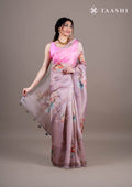 Beige Floral Printed And EmbroideRed Organza Saree - Taashi