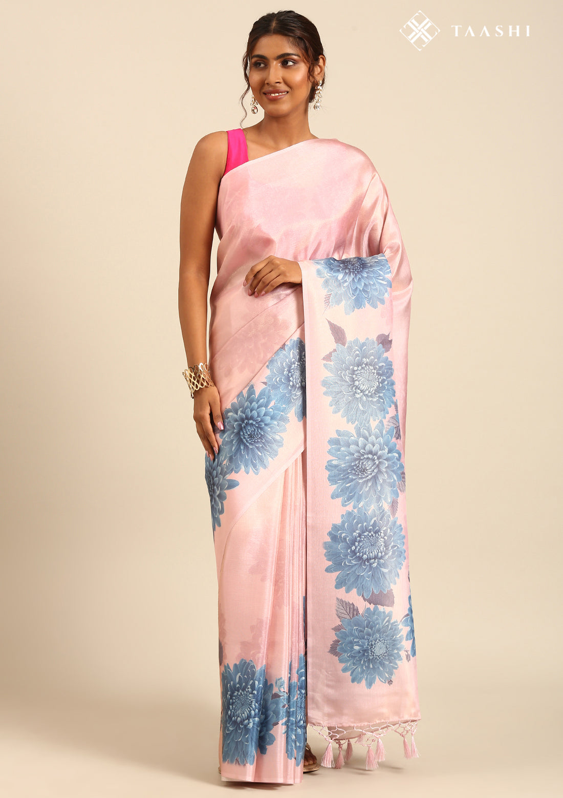 Pastel Pink Bold Floral Organza Saree