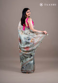 Pista Green Floral Printed And EmbroideRed Organza Saree - Taashi