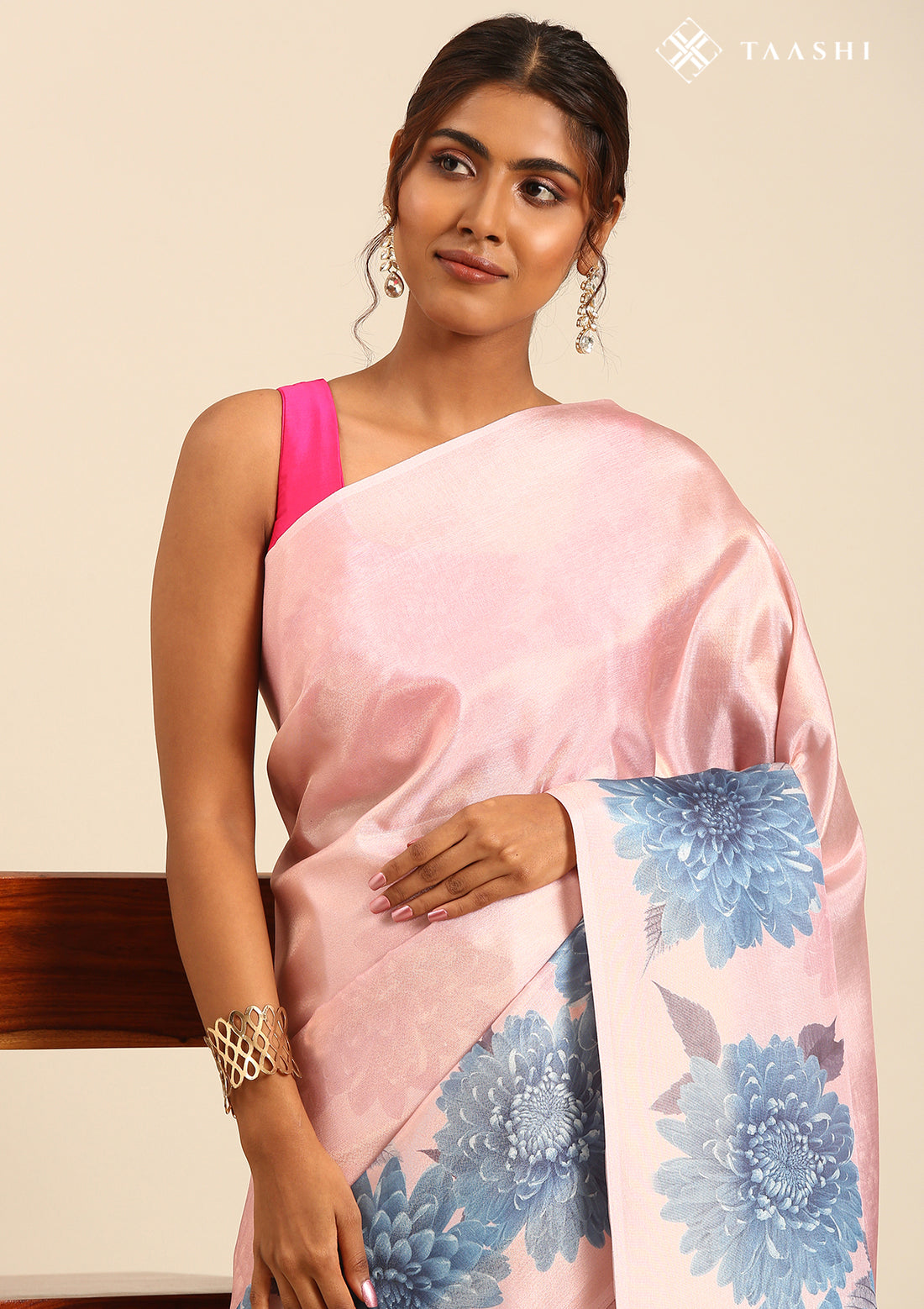 Pastel Pink Bold Floral Organza Saree