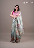 Pista Green Floral Printed And EmbroideRed Organza Saree - Taashi