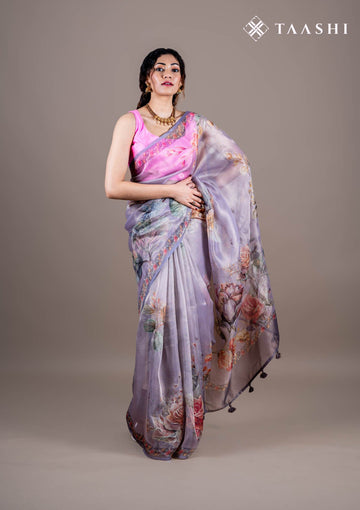 Mocha Brown Tissue Printed Embroidered Saree