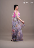 Mauve Floral Printed And EmbroideRed Organza Saree - Taashi