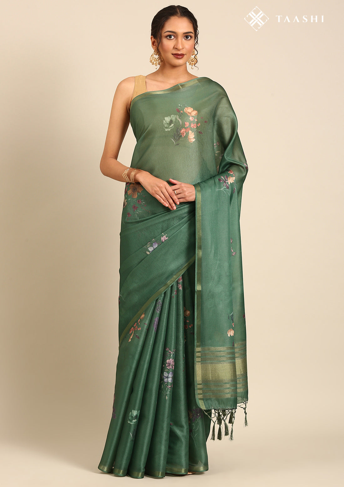 Dark Green Floral Printed Organza Saree