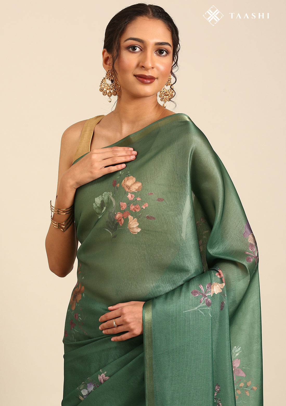 Dark Green Floral Printed Organza Saree