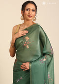 Dark Green Floral Printed Organza Saree - Taashi