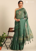 Dark Green Floral Printed Organza Saree - Taashi