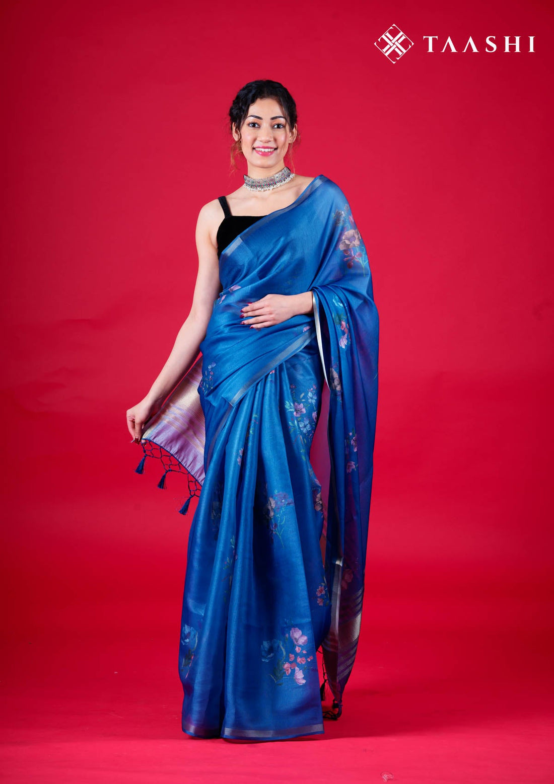 Royal Blue Organza Contemporary Printed Saree