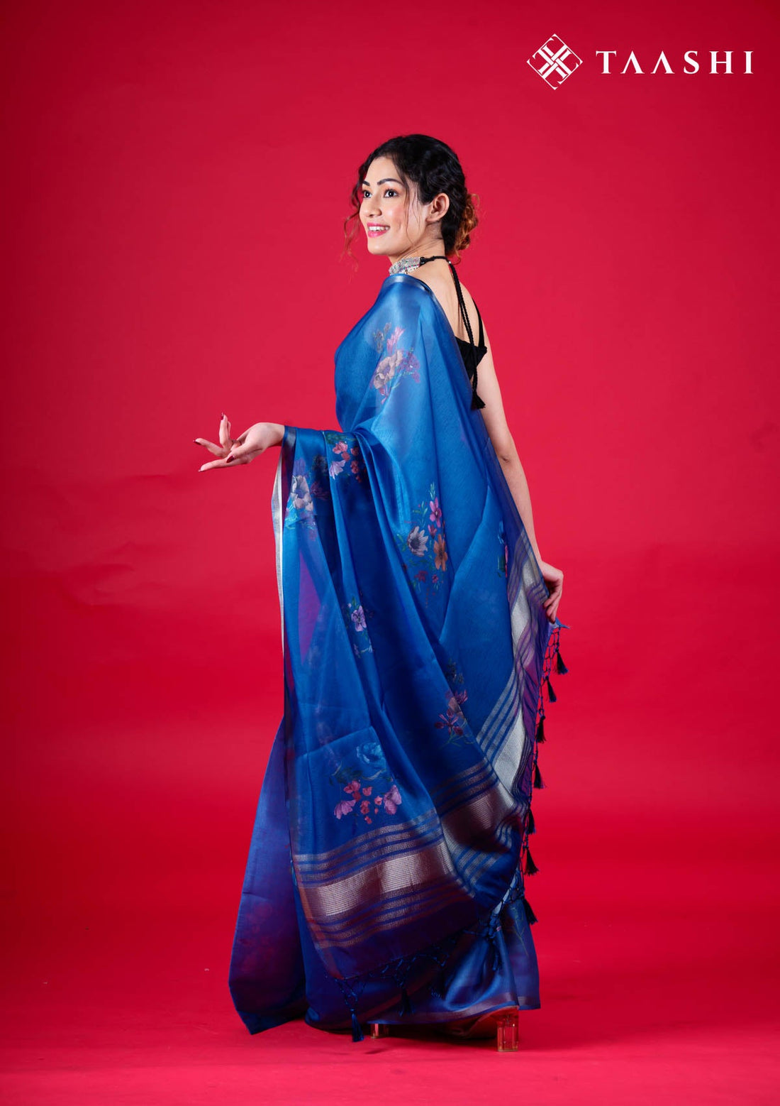 Royal Blue Organza Contemporary Printed Saree