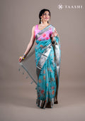 Pastel Blue Floral Printed Organza Saree - Taashi