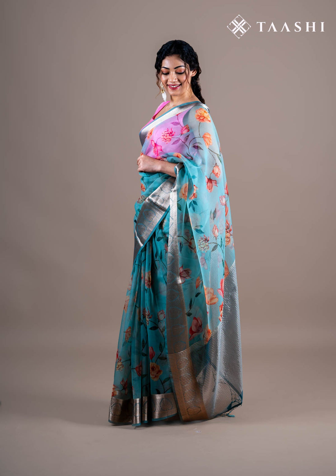 Powder Blue Organza Contemporary Printed Saree