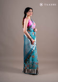 Pastel Blue Floral Printed Organza Saree - Taashi