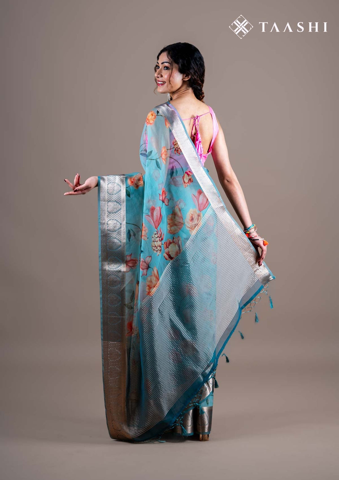 Powder Blue Organza Contemporary Printed Saree