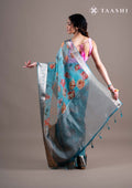 Pastel Blue Floral Printed Organza Saree - Taashi