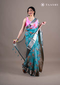 Pastel Blue Floral Printed Organza Saree - Taashi