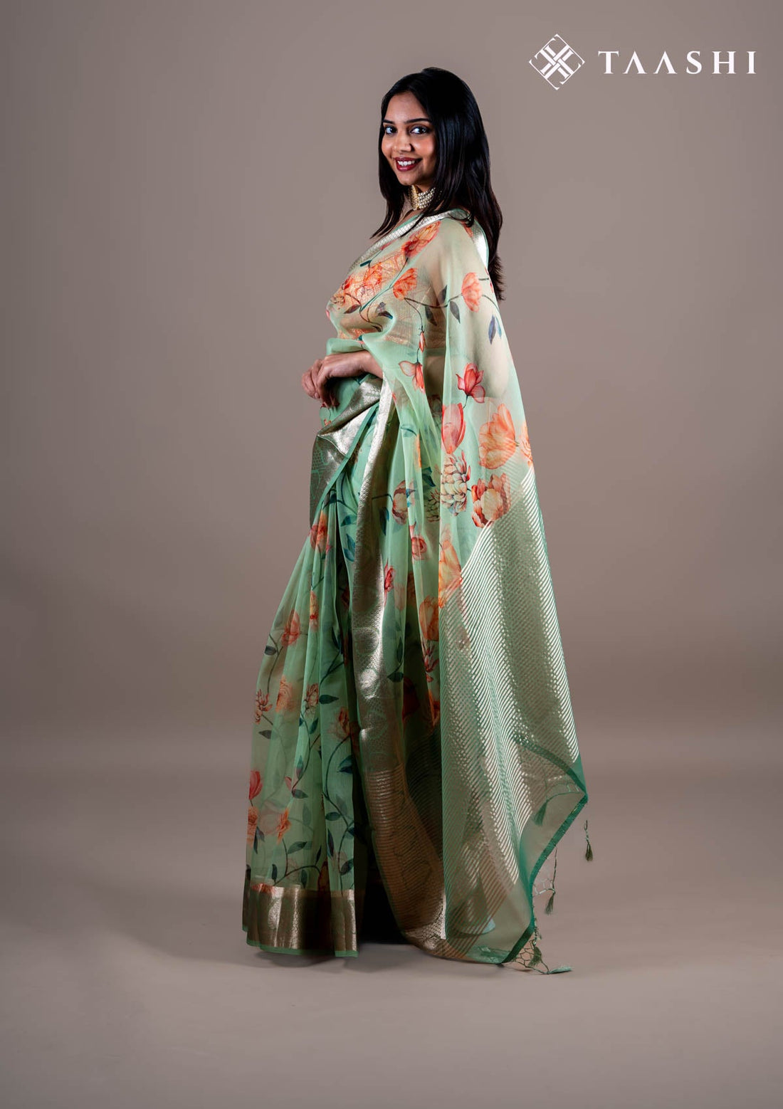 Pastel Green Organza Contemporary Printed Saree