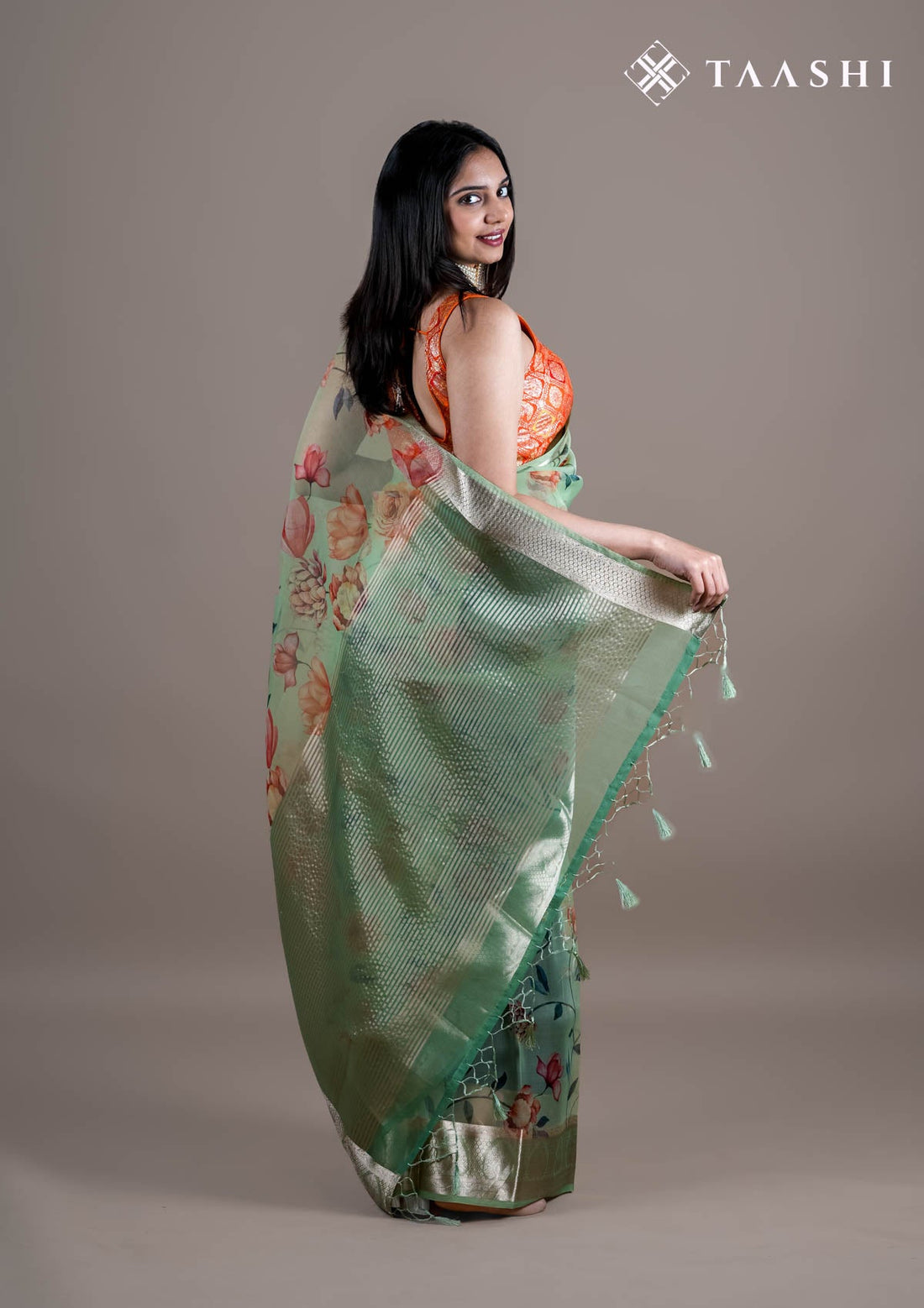 Pastel Green Organza Contemporary Printed Saree