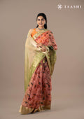 Dusty Pink And Green Nature InspiRed Printed Organza Saree - Taashi