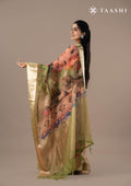 Dusty Pink And Green Nature InspiRed Printed Organza Saree - Taashi