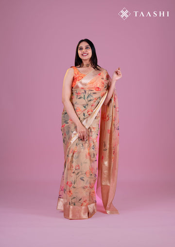 Beige Organza Contemporary Printed Saree
