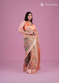 Beige Floral Printed Organza Saree - Taashi