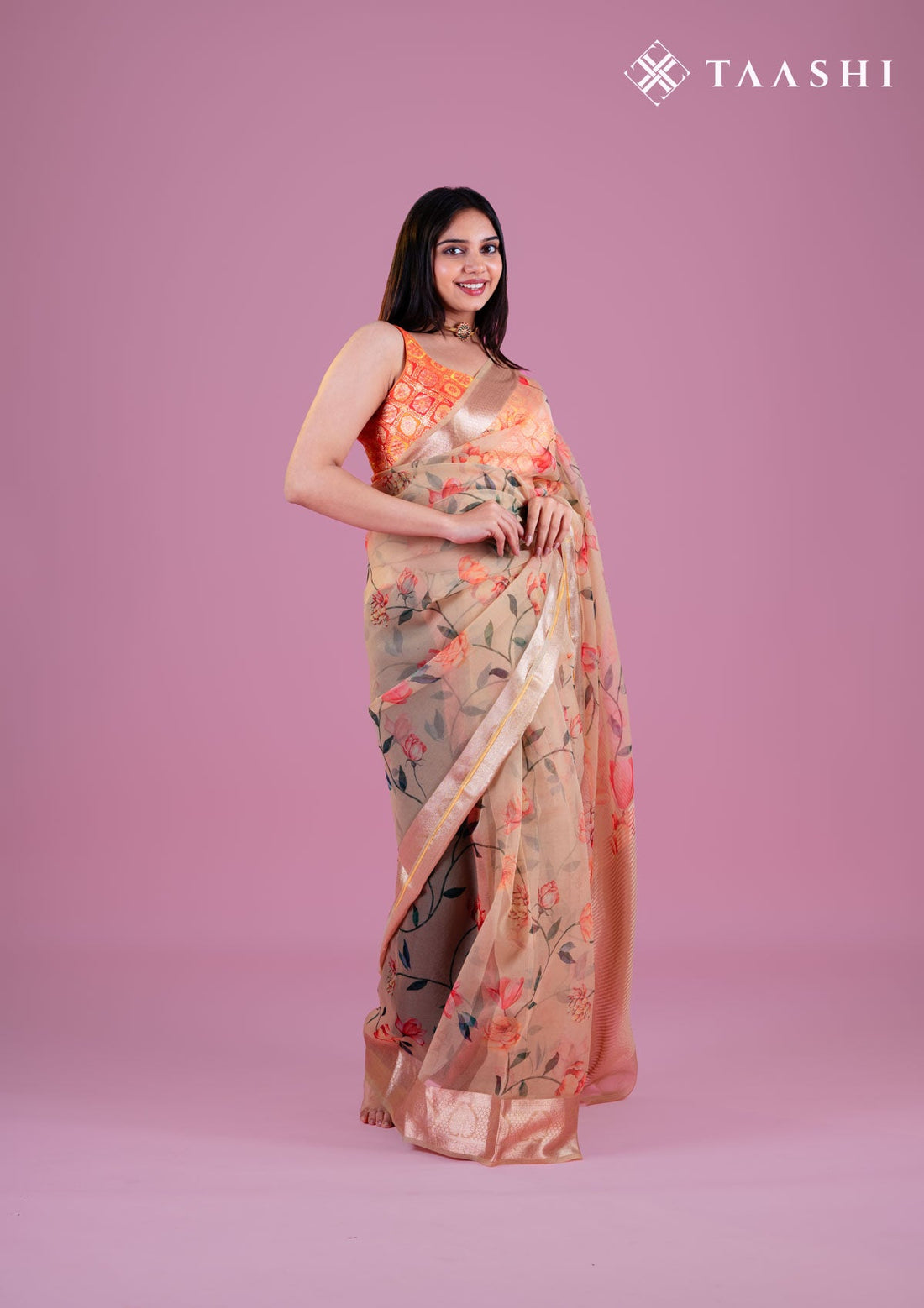 Beige Organza Contemporary Printed Saree