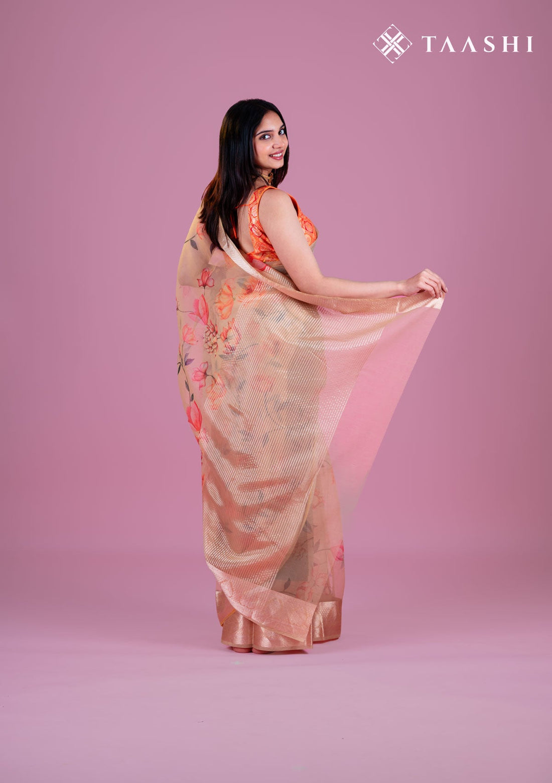 Beige Organza Contemporary Printed Saree