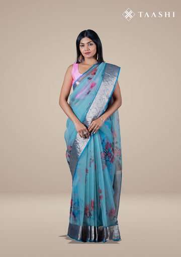 Powder Blue Organza Contemporary Printed Saree