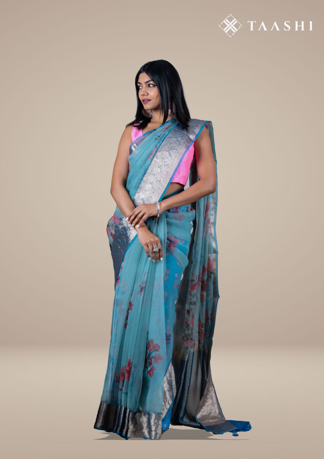 Powder Blue Organza Contemporary Printed Saree