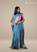 Dusty Blue Floral Printed Organza Saree - Taashi