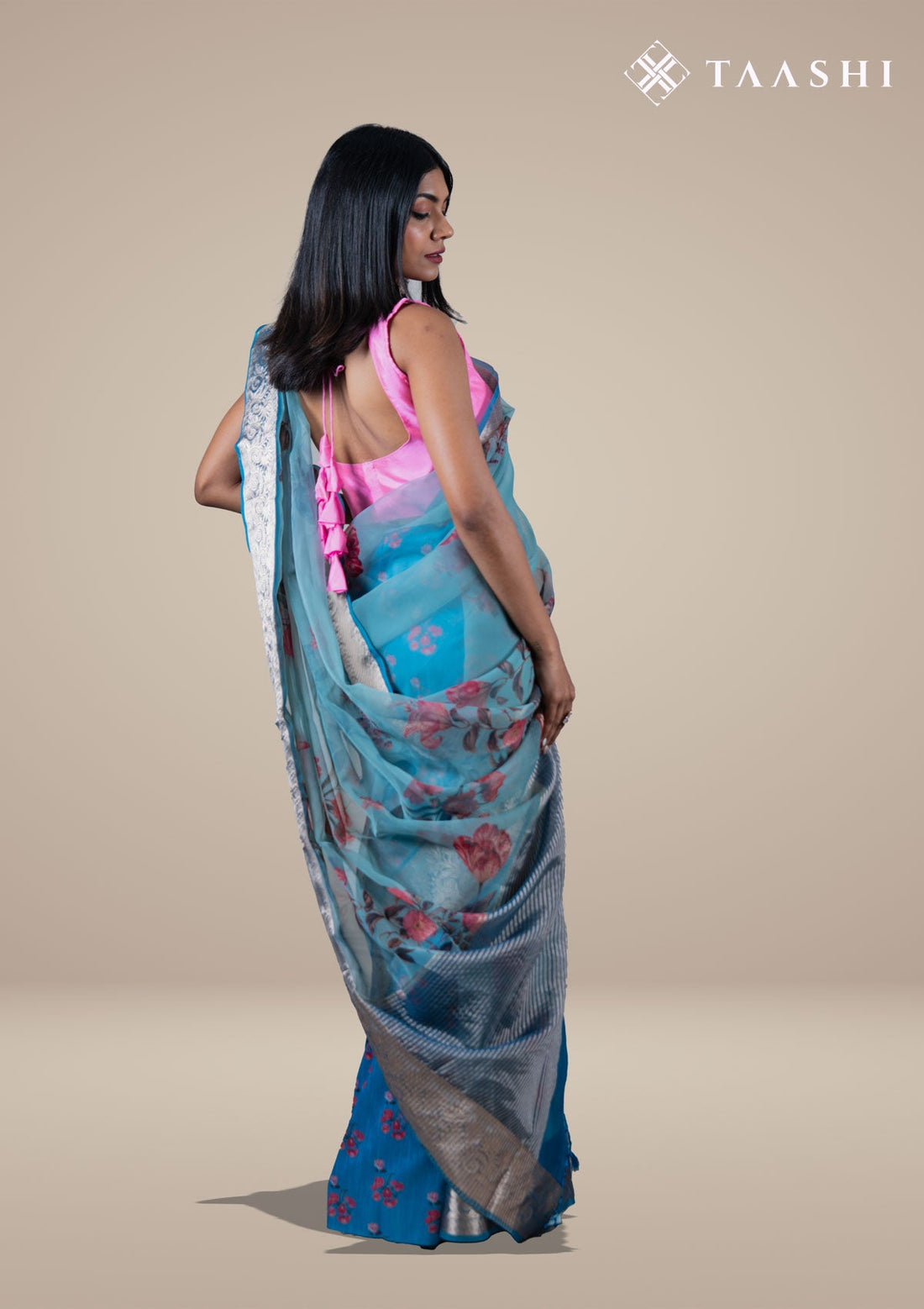 Powder Blue Organza Contemporary Printed Saree