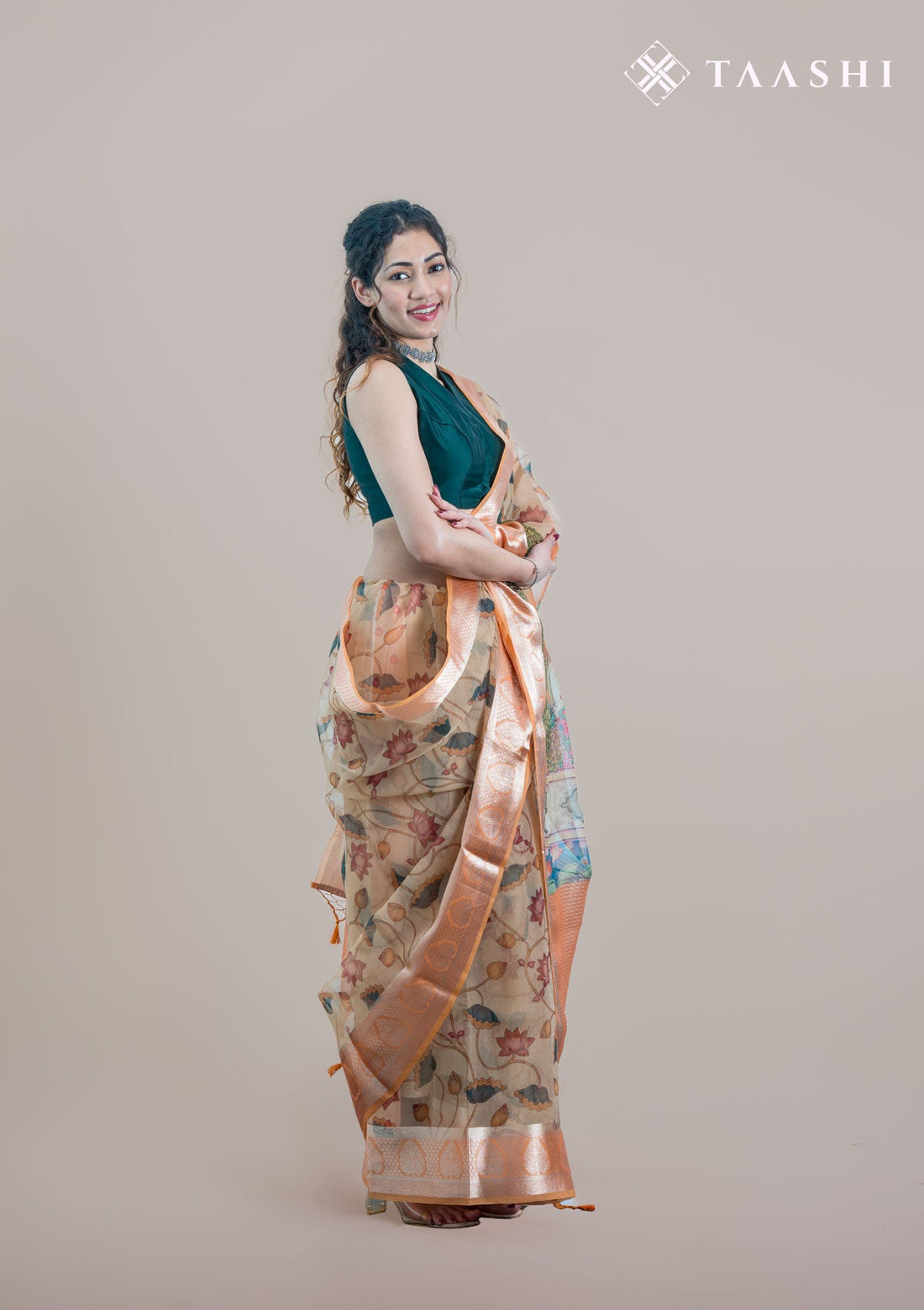 Beige Organza Pichwai Printed Saree
