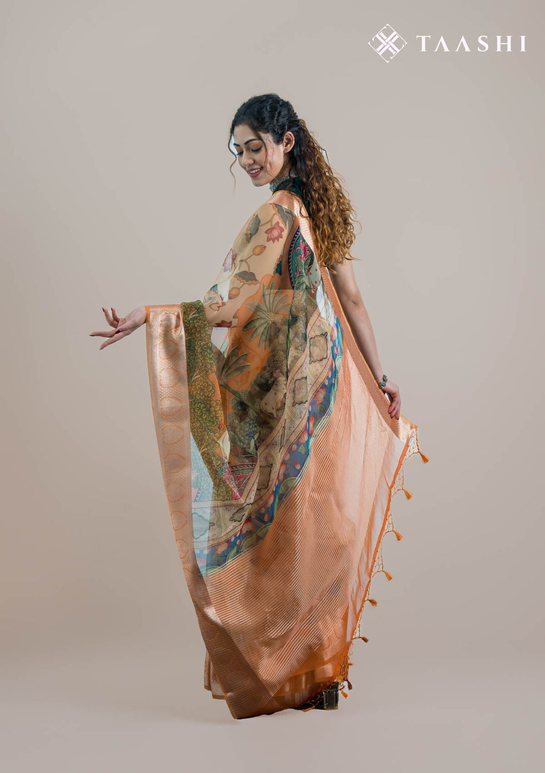 Beige Organza Pichwai Printed Saree
