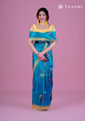 Metallic Blue And Yellow Floral Printed Organza Saree - Taashi