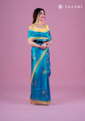 Metallic Blue And Yellow Floral Printed Organza Saree - Taashi