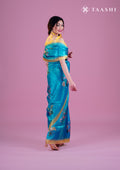 Metallic Blue And Yellow Floral Printed Organza Saree - Taashi