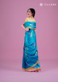 Metallic Blue And Yellow Floral Printed Organza Saree - Taashi