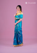 Metallic Blue And Yellow Floral Printed Organza Saree - Taashi