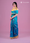 Metallic Blue And Yellow Floral Printed Organza Saree - Taashi