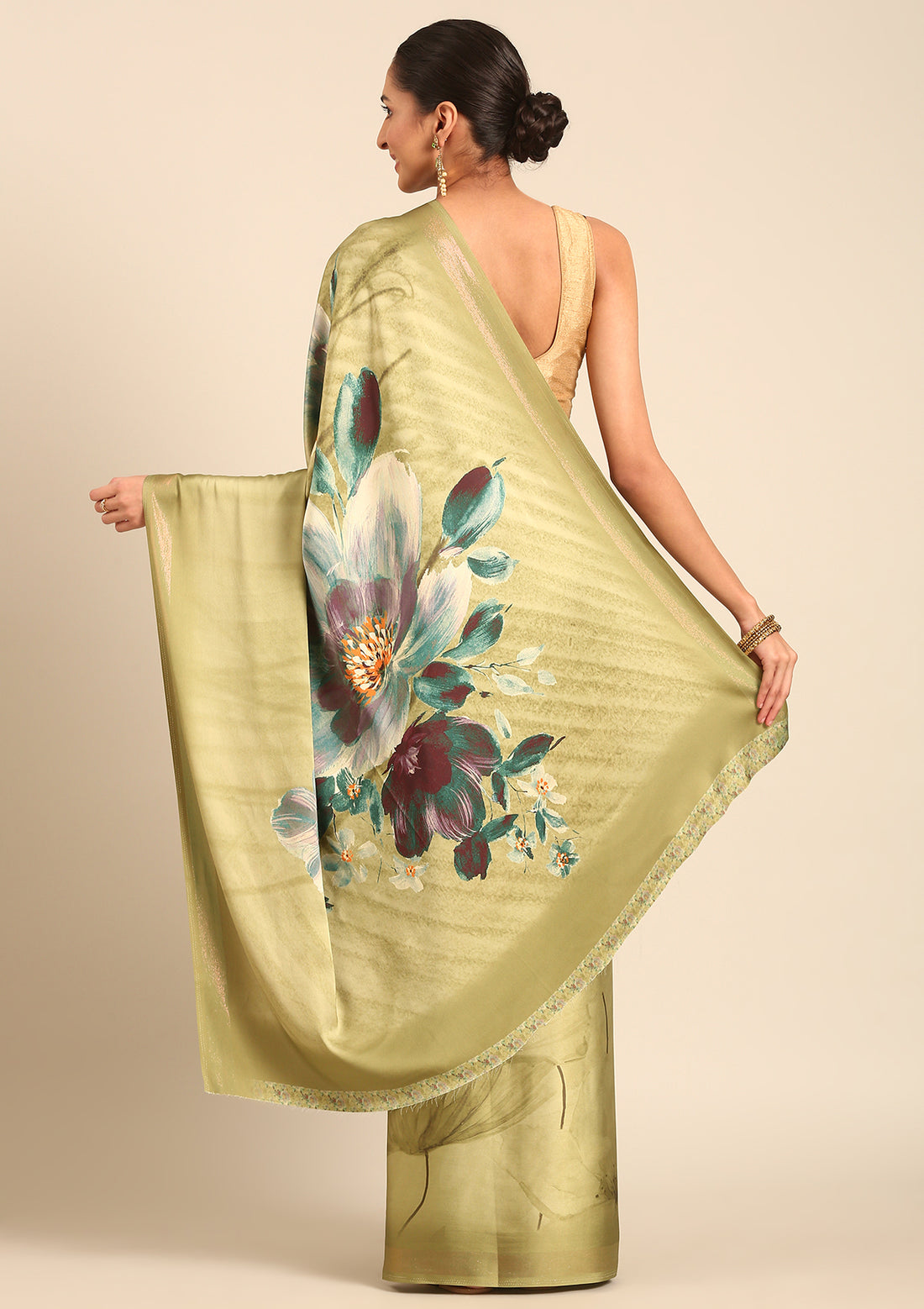 Pastel Olive Green Satin Contemporary Printed Saree