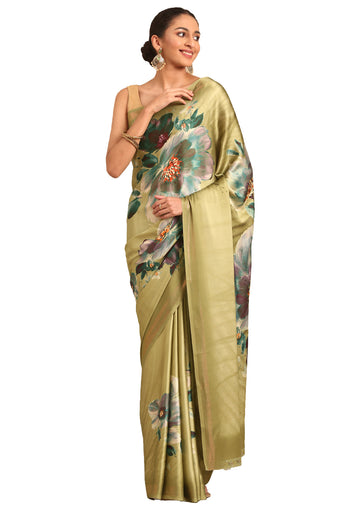 Pastel Olive Green Satin Contemporary Printed Saree