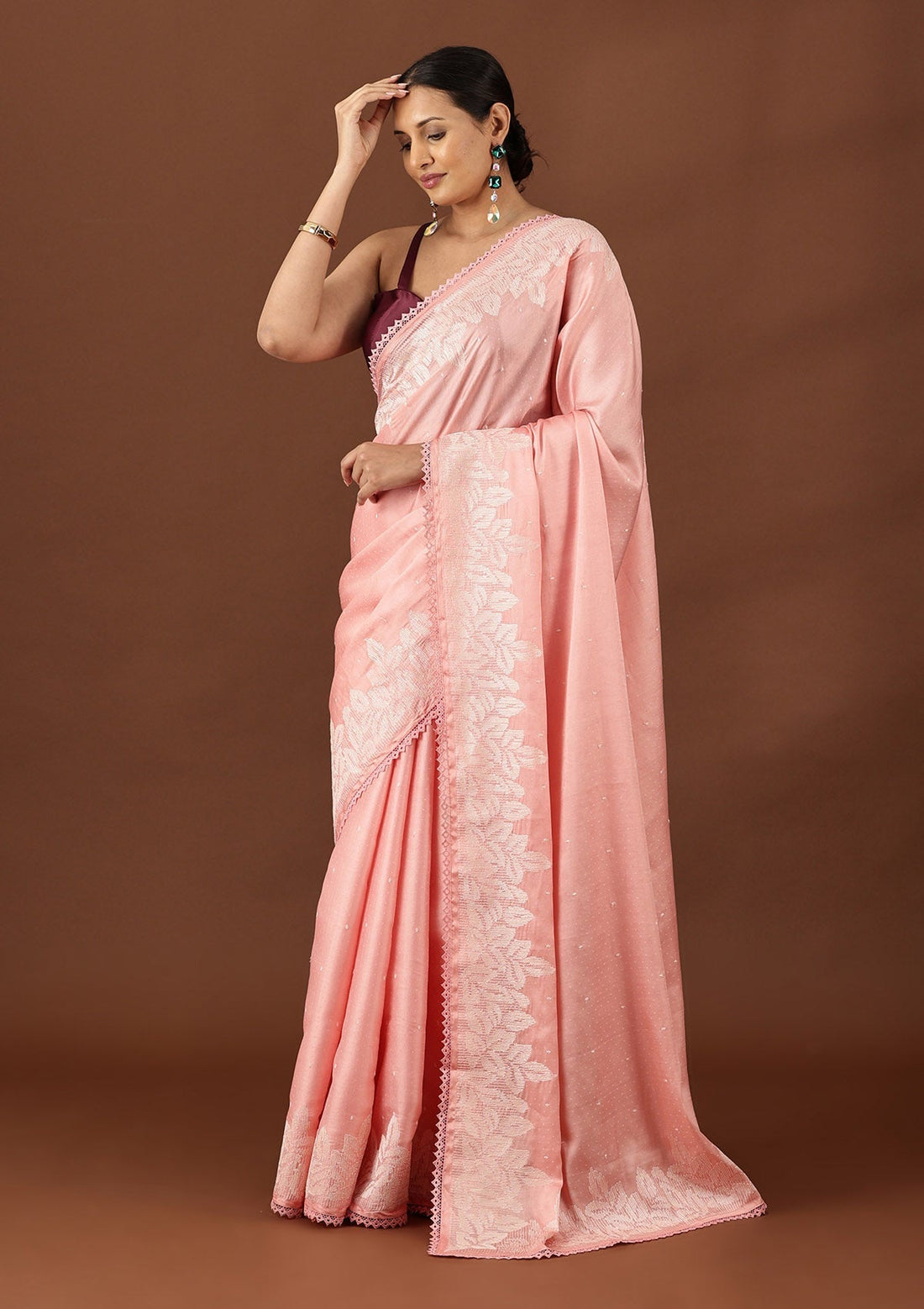 Pastel Pink Tussar Contemporary Embroidered Saree