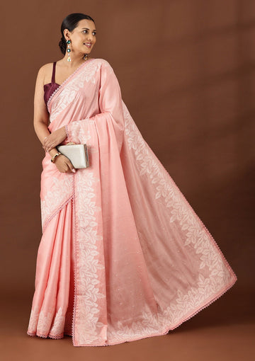 Pastel Pink Tussar Contemporary Embroidered Saree
