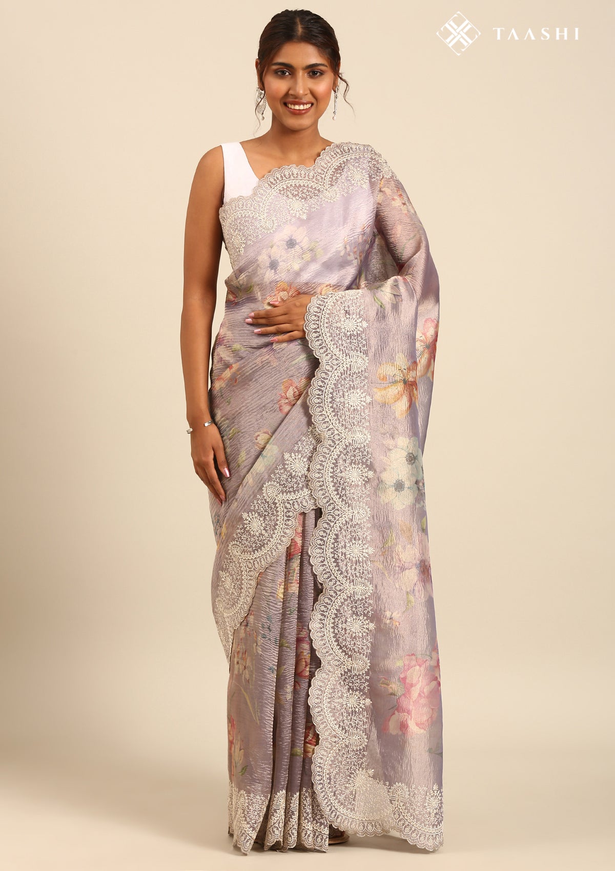 Lavender Floral Printed And EmbroideRed Tissue Saree