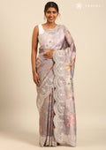 Lavender Floral Printed And EmbroideRed Tissue Saree - Taashi