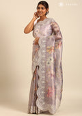 Lavender Floral Printed And EmbroideRed Tissue Saree - Taashi