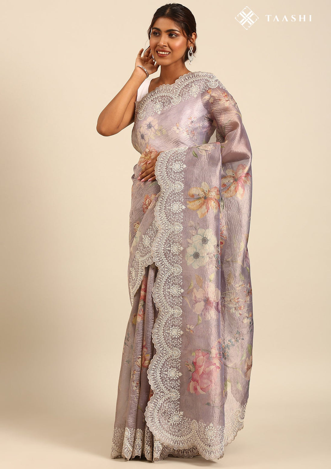 Lilac Tissue Printed Embroidered Saree